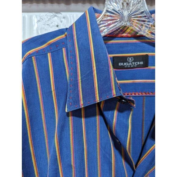 Bugatchi Men's Blue & Yellow Striped Long Sleeve Button Down Shirt Size 2XL - Picture 2 of 9